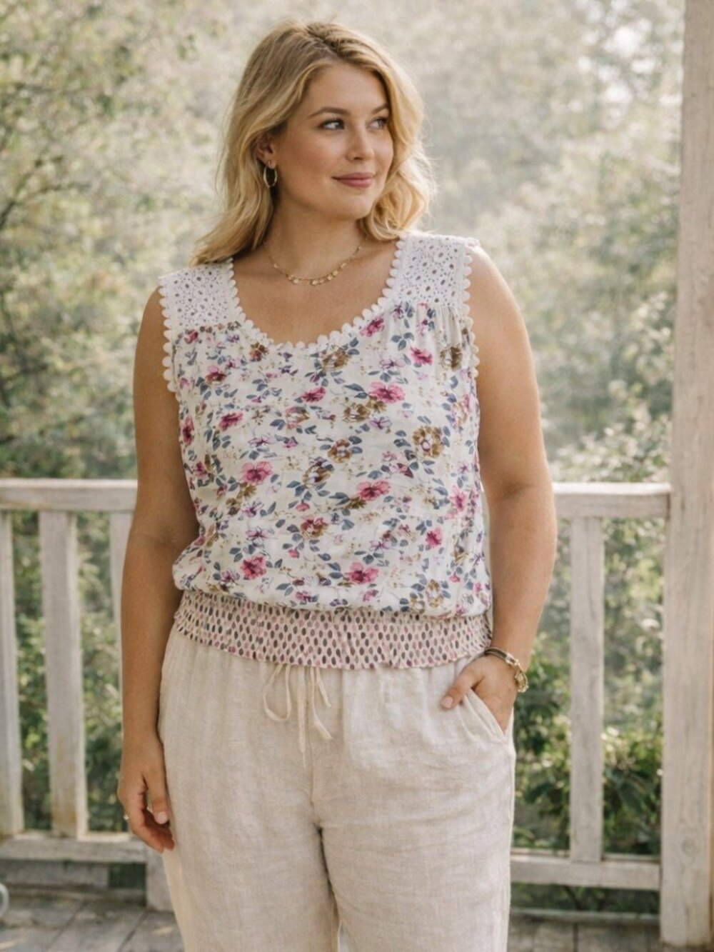 Solitaire by Ravi Khosla Floral Crochet Strap Top Boho Cottagecore Blouse Size L